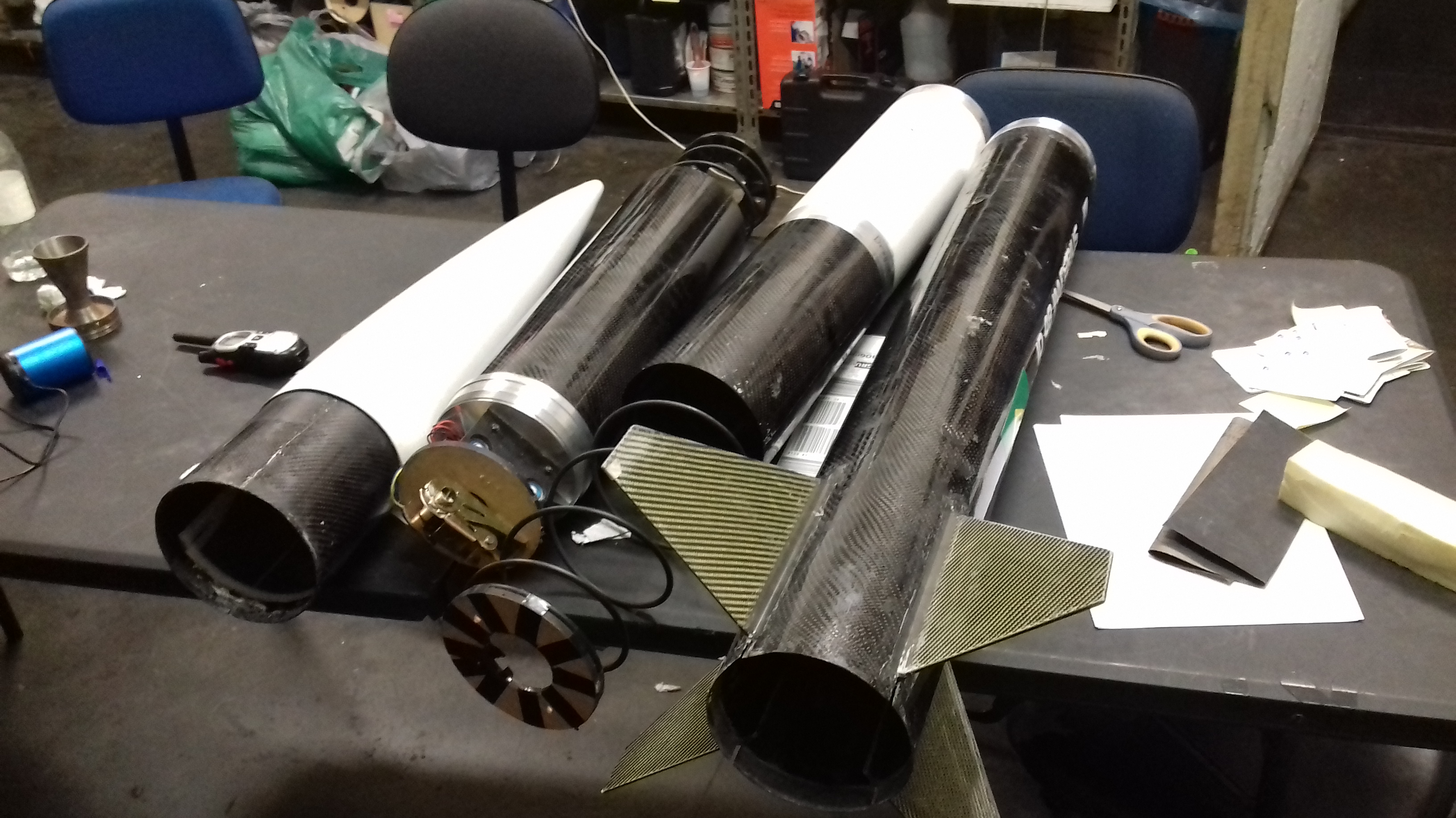 Finished carbon fiber rocket structure with tubes, nosecone and fins