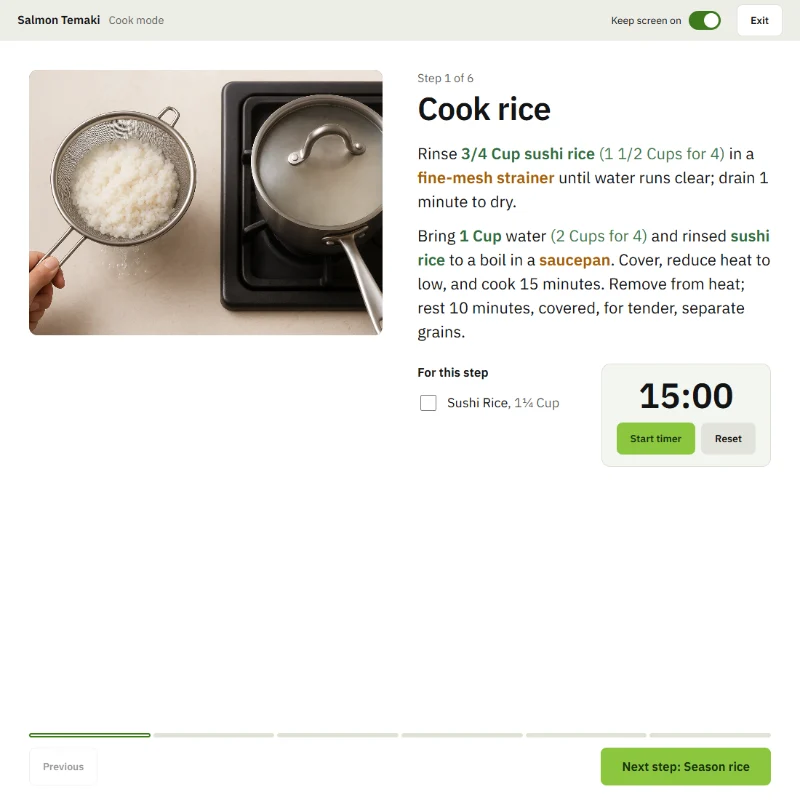 Cooking Daddy Cook mode: a step photo of rice and a saucepan beside instructions with ingredients in green and tools in amber, and a timer