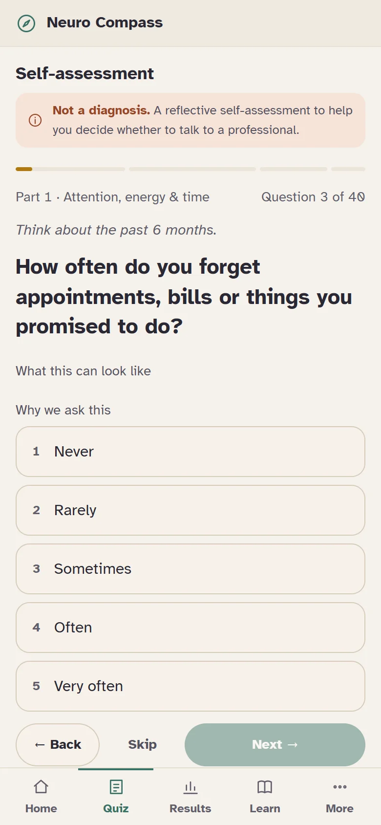 Neuro Compass quiz on a phone: one question per screen with five large answer buttons and a bottom tab bar
