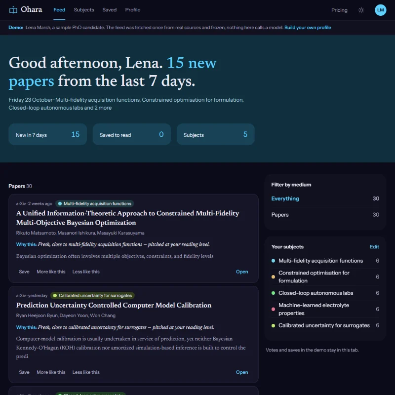 Ohara feed for a sample researcher: a greeting with the count of new papers and paper cards that each say why they were picked