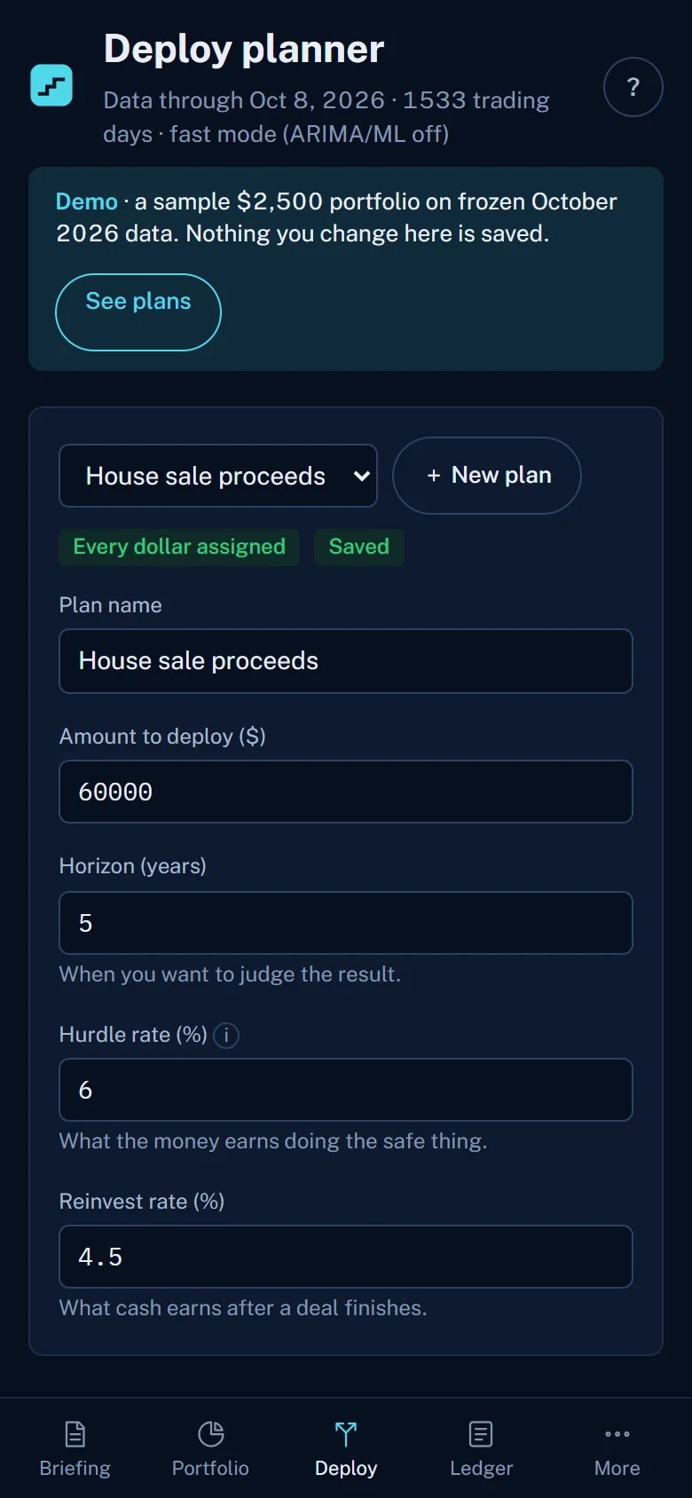 The Deploy planner on a phone: plan name, amount to deploy, horizon, hurdle rate and reinvest rate