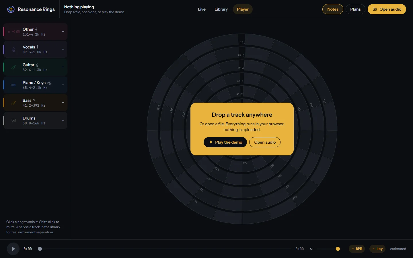 Resonance Rings start screen inviting you to drop a track, with Play the demo and Open audio buttons