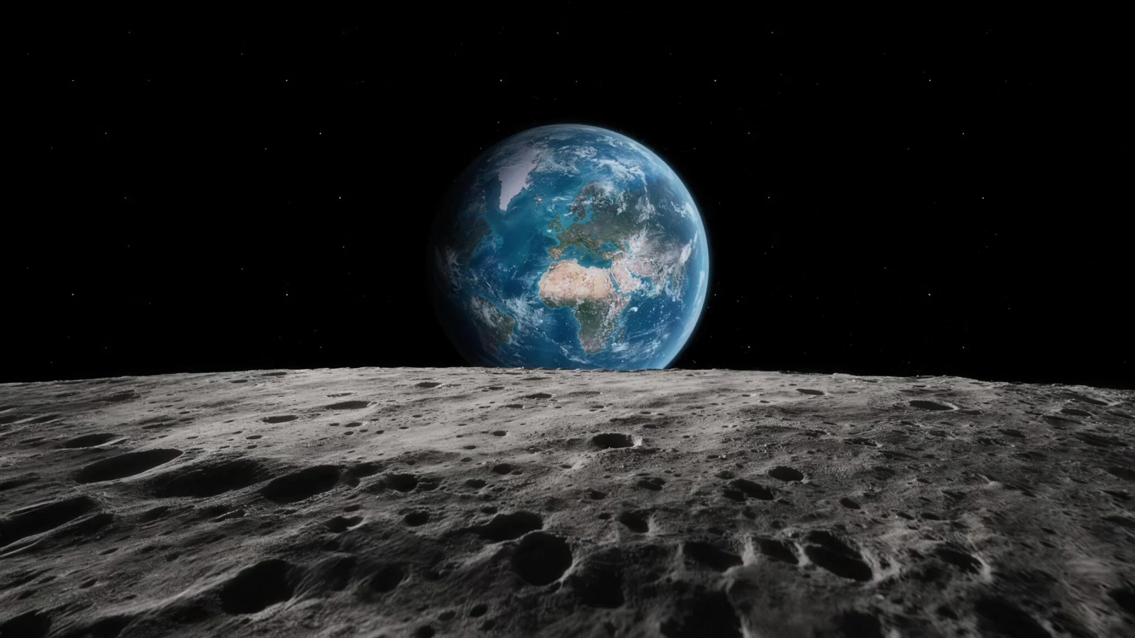 The cratered lunar surface with Earth rising over the horizon