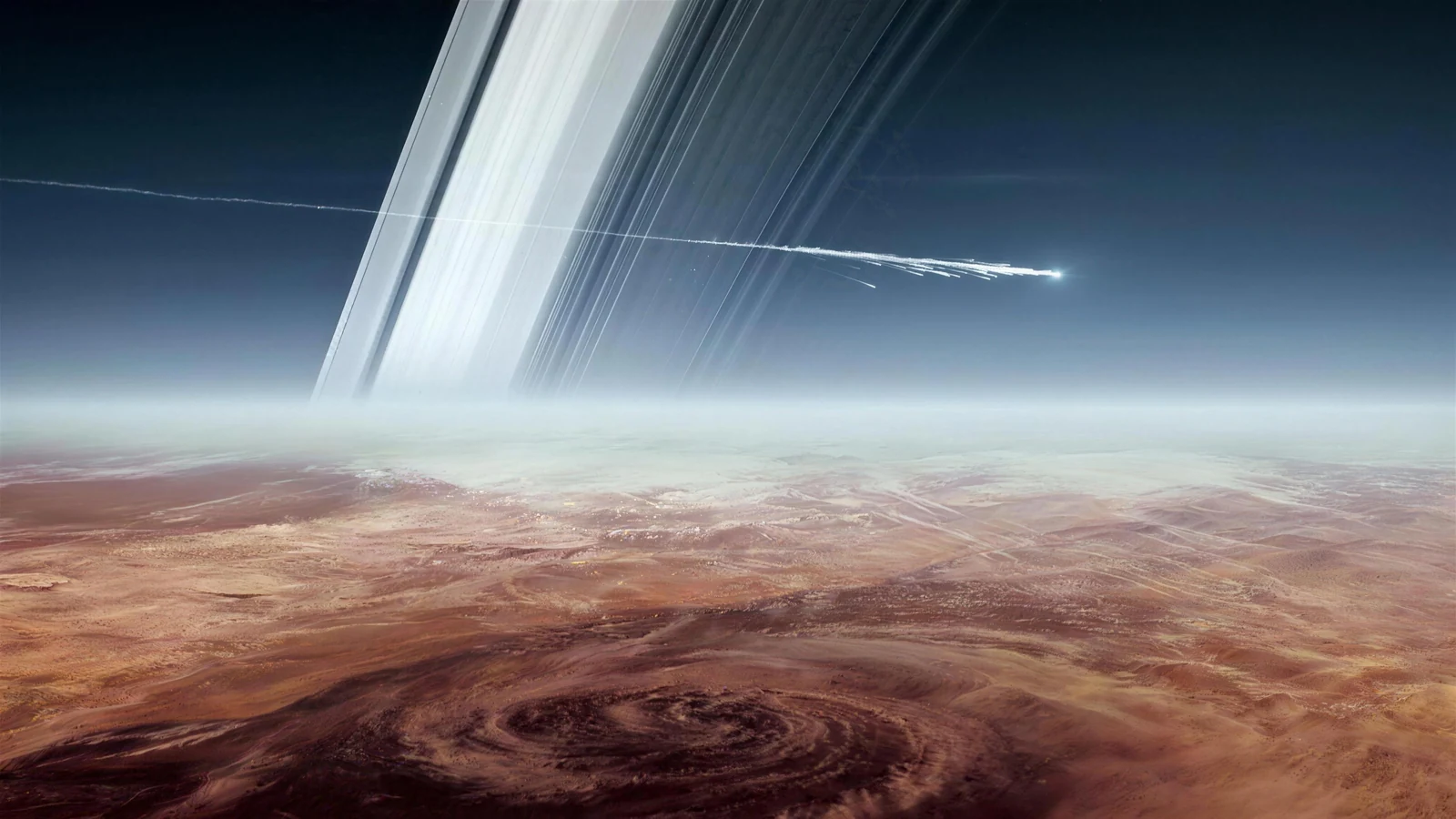 Saturn's rings arcing overhead above golden cloud decks